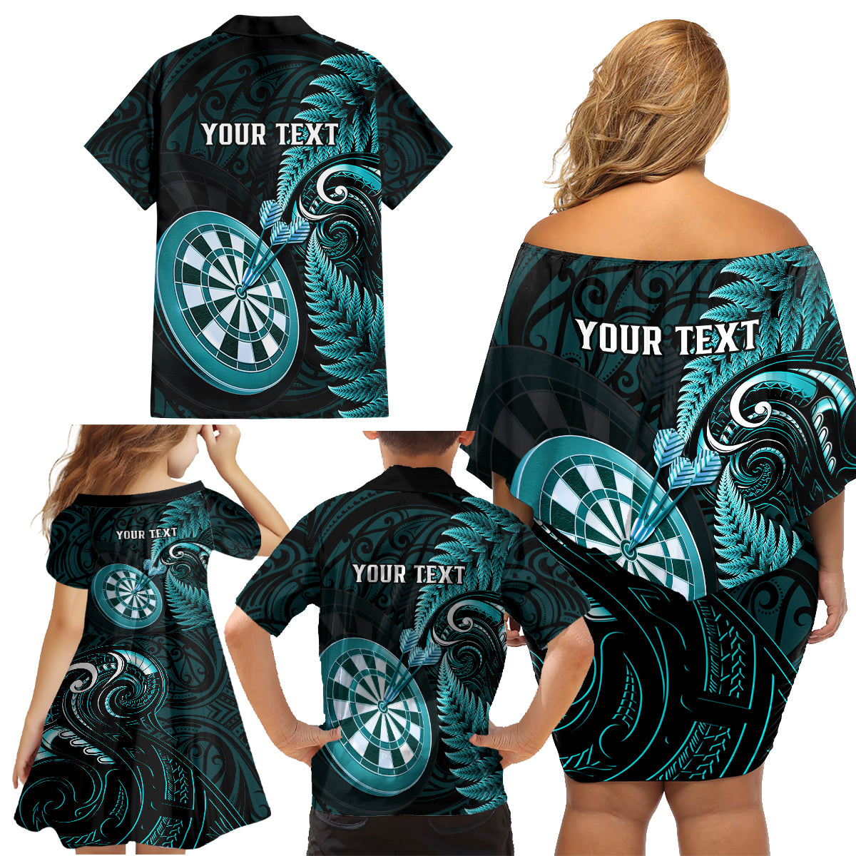 Personalised New Zealand Darts Family Matching Off Shoulder Short Dress and Hawaiian Shirt Happiness Is A Tight Threesome Maori Turquoise LT14 - Polynesian Pride