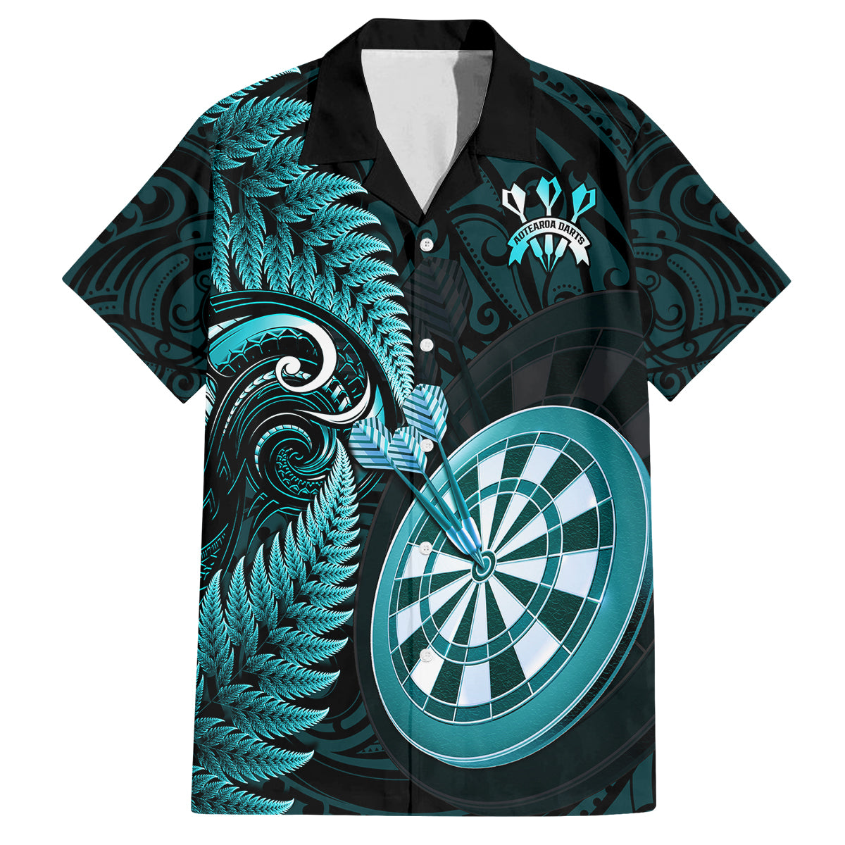 Personalised New Zealand Darts Family Matching Off Shoulder Short Dress and Hawaiian Shirt Happiness Is A Tight Threesome Maori Turquoise LT14 Dad's Shirt - Short Sleeve Turquoise - Polynesian Pride