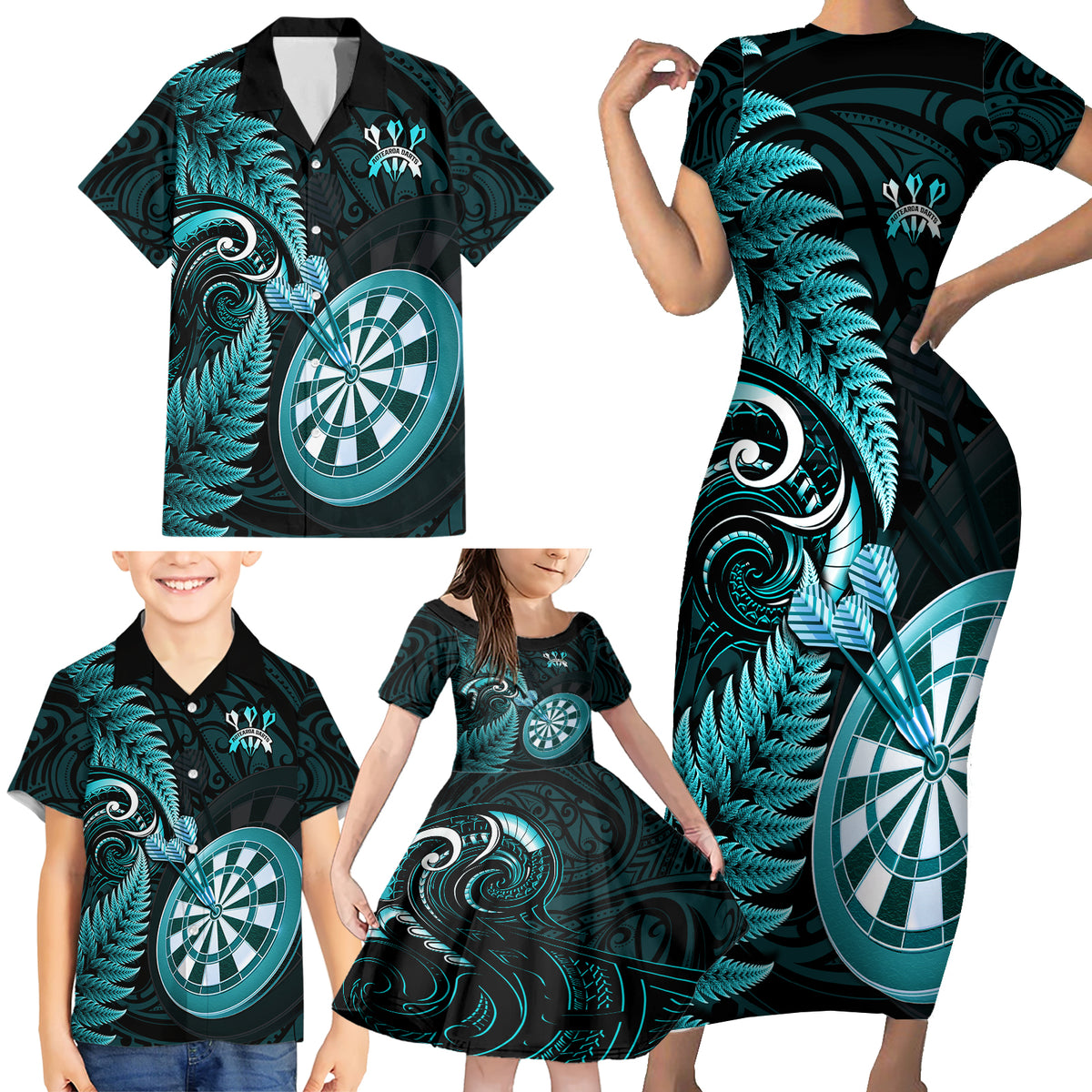 Personalised New Zealand Darts Family Matching Short Sleeve Bodycon Dress and Hawaiian Shirt Happiness Is A Tight Threesome Maori Turquoise LT14 - Polynesian Pride