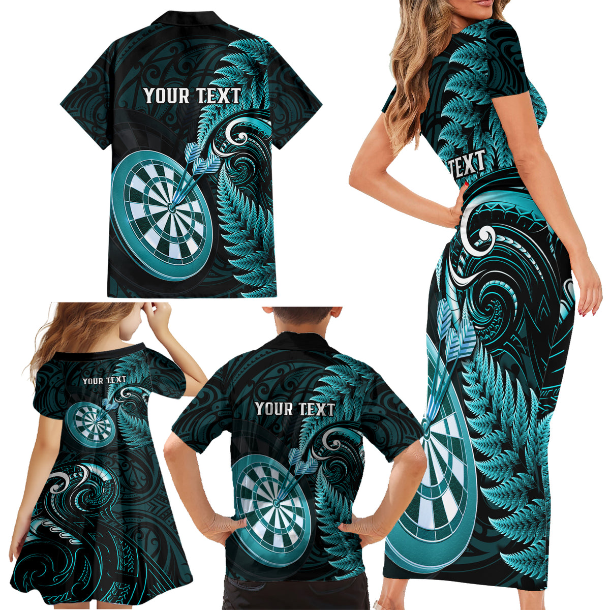 Personalised New Zealand Darts Family Matching Short Sleeve Bodycon Dress and Hawaiian Shirt Happiness Is A Tight Threesome Maori Turquoise LT14 - Polynesian Pride