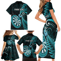 Personalised New Zealand Darts Family Matching Short Sleeve Bodycon Dress and Hawaiian Shirt Happiness Is A Tight Threesome Maori Turquoise LT14 - Polynesian Pride