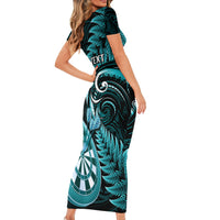 Personalised New Zealand Darts Family Matching Short Sleeve Bodycon Dress and Hawaiian Shirt Happiness Is A Tight Threesome Maori Turquoise LT14 - Polynesian Pride
