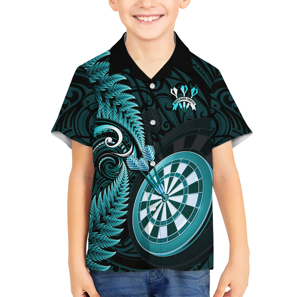 Personalised New Zealand Darts Family Matching Short Sleeve Bodycon Dress and Hawaiian Shirt Happiness Is A Tight Threesome Maori Turquoise LT14 Son's Shirt Turquoise - Polynesian Pride