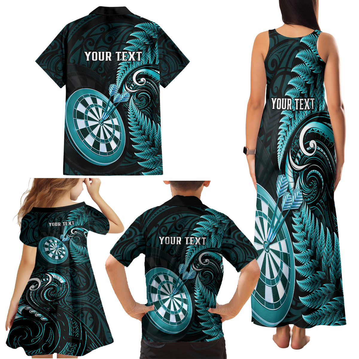 Personalised New Zealand Darts Family Matching Tank Maxi Dress and Hawaiian Shirt Happiness Is A Tight Threesome Maori Turquoise LT14 - Polynesian Pride