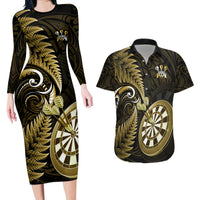 New Zealand Darts Couples Matching Long Sleeve Bodycon Dress and Hawaiian Shirt Happiness Is A Tight Threesome Maori Gold LT14 Gold - Polynesian Pride