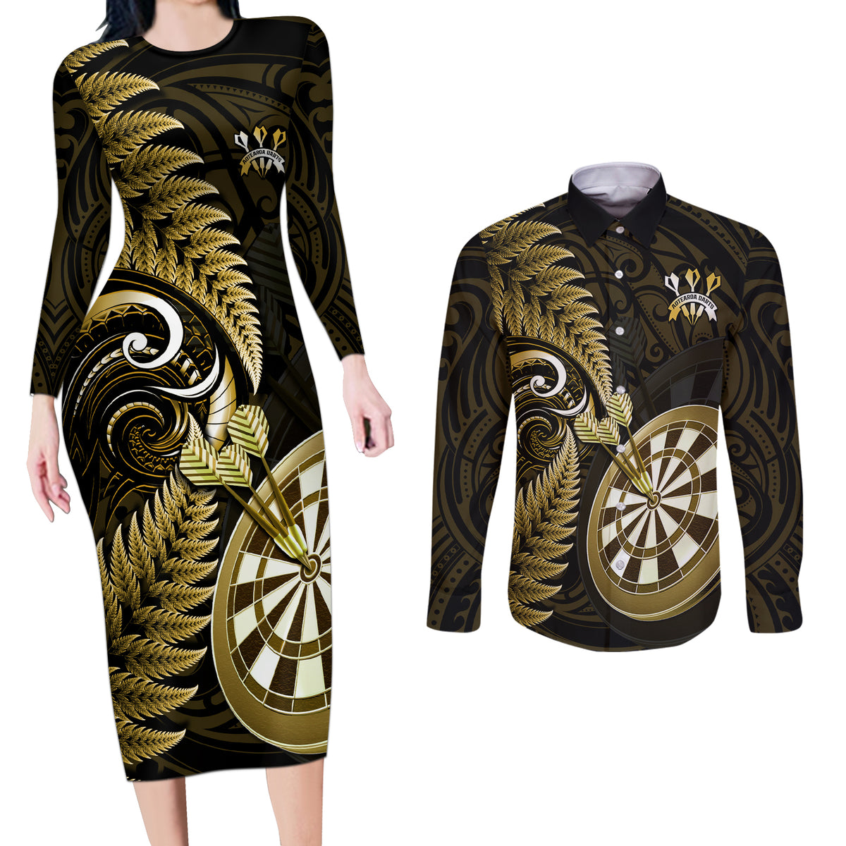 New Zealand Darts Couples Matching Long Sleeve Bodycon Dress and Long Sleeve Button Shirts Happiness Is A Tight Threesome Maori Gold LT14 Gold - Polynesian Pride