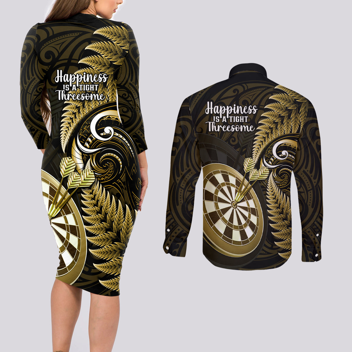 New Zealand Darts Couples Matching Long Sleeve Bodycon Dress and Long Sleeve Button Shirts Happiness Is A Tight Threesome Maori Gold LT14 - Polynesian Pride