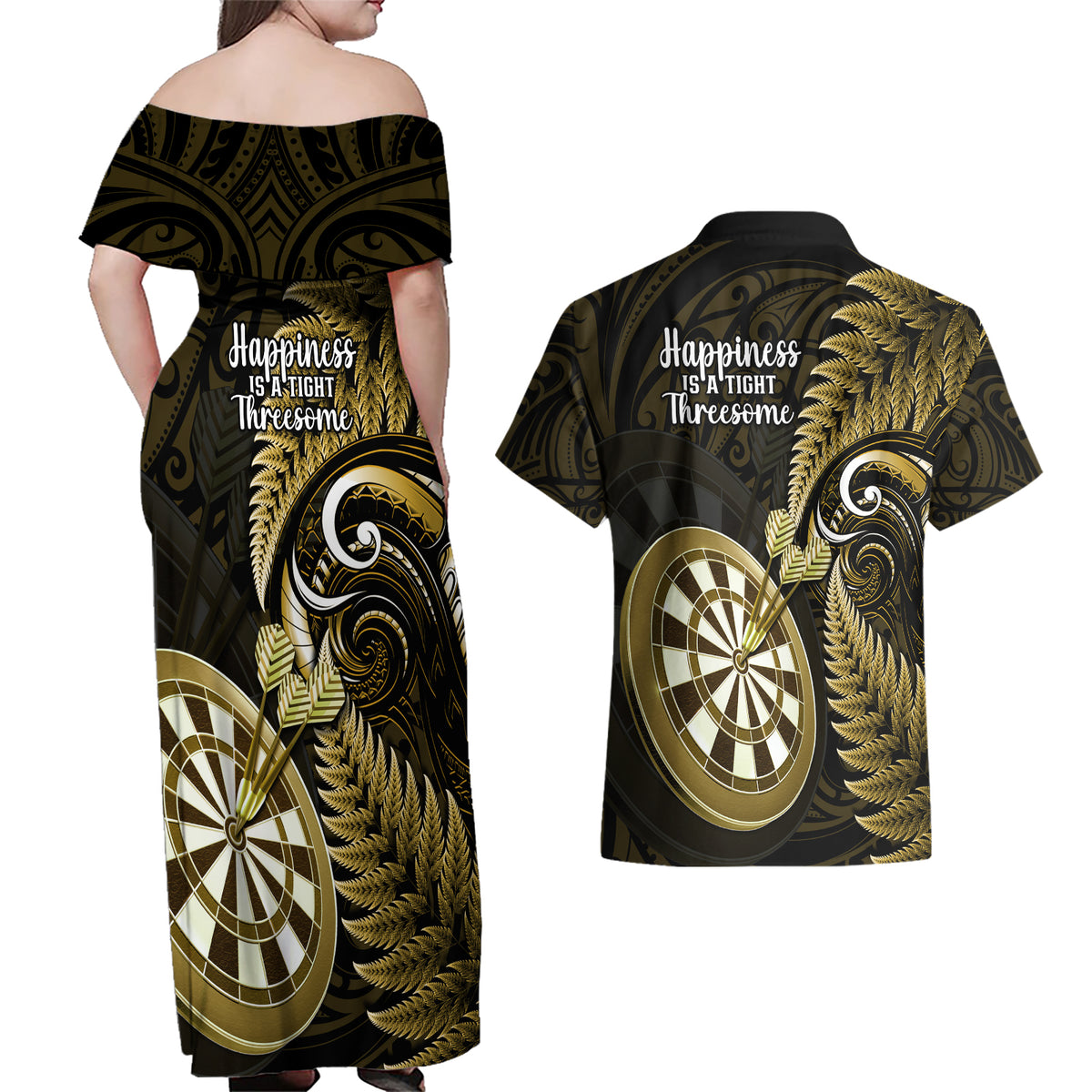New Zealand Darts Couples Matching Off Shoulder Maxi Dress and Hawaiian Shirt Happiness Is A Tight Threesome Maori Gold LT14 - Polynesian Pride