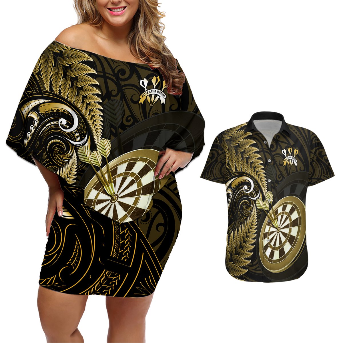 New Zealand Darts Couples Matching Off Shoulder Short Dress and Hawaiian Shirt Happiness Is A Tight Threesome Maori Gold LT14 Gold - Polynesian Pride