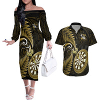 New Zealand Darts Couples Matching Off The Shoulder Long Sleeve Dress and Hawaiian Shirt Happiness Is A Tight Threesome Maori Gold LT14 Gold - Polynesian Pride