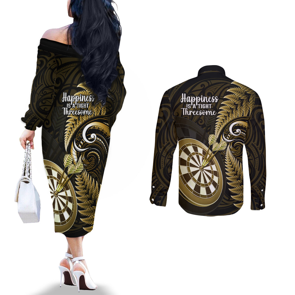 New Zealand Darts Couples Matching Off The Shoulder Long Sleeve Dress and Long Sleeve Button Shirts Happiness Is A Tight Threesome Maori Gold LT14 - Polynesian Pride