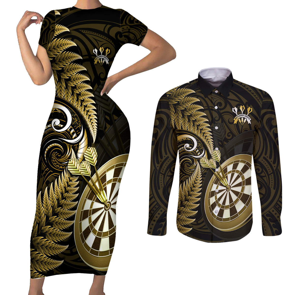 New Zealand Darts Couples Matching Short Sleeve Bodycon Dress and Long Sleeve Button Shirts Happiness Is A Tight Threesome Maori Gold LT14 Gold - Polynesian Pride