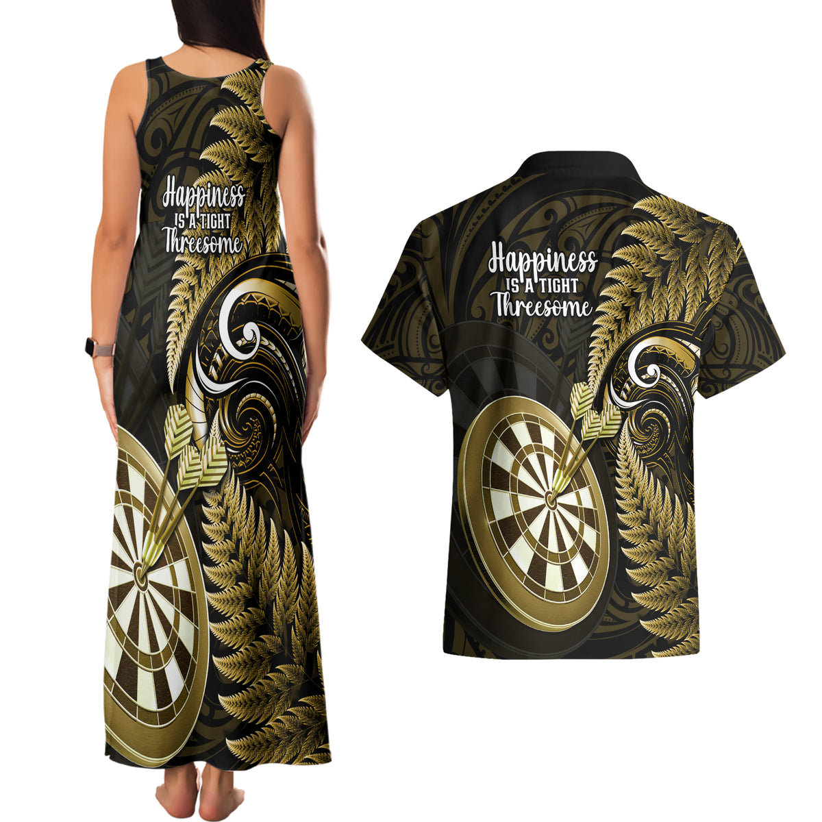 New Zealand Darts Couples Matching Tank Maxi Dress and Hawaiian Shirt Happiness Is A Tight Threesome Maori Gold LT14 - Polynesian Pride
