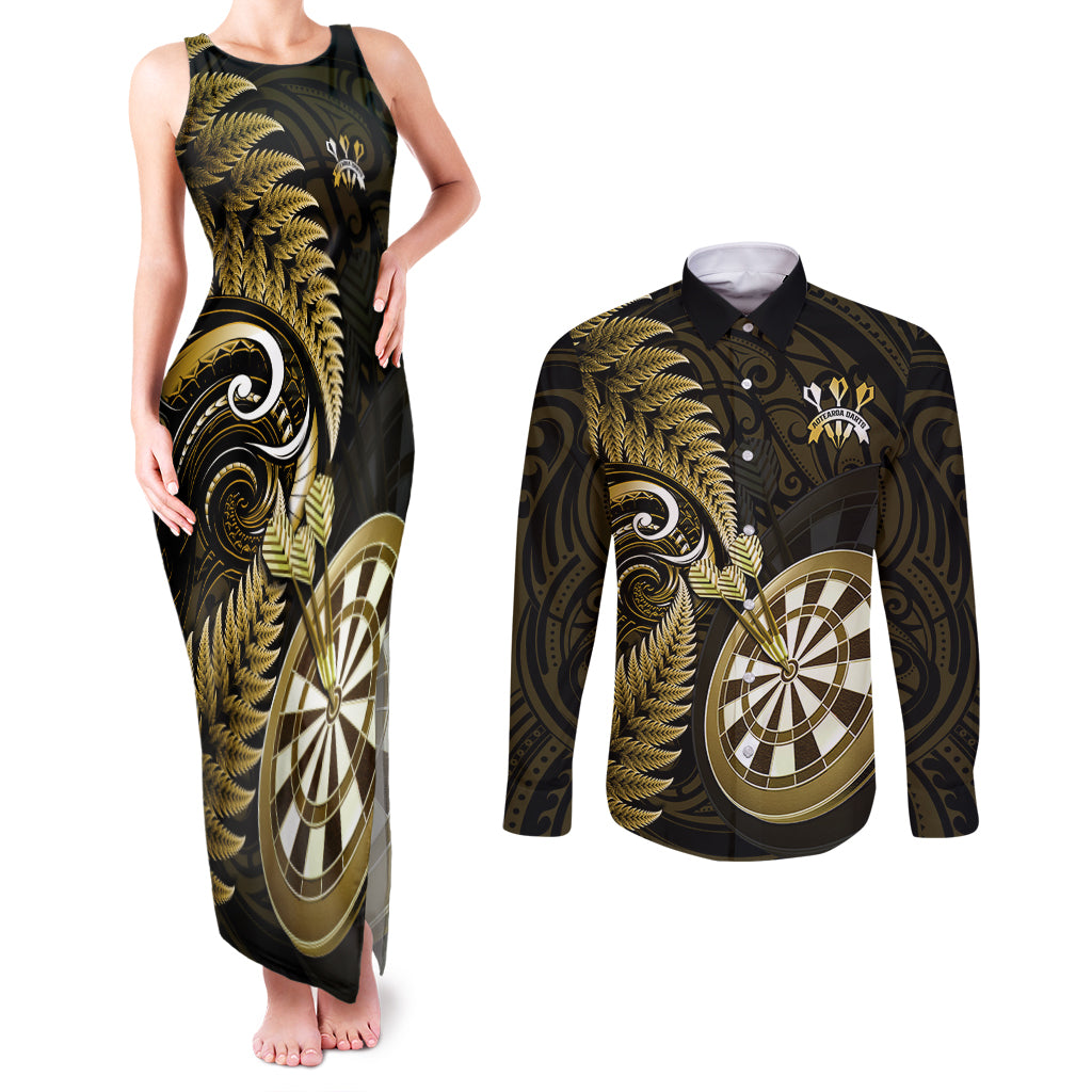 New Zealand Darts Couples Matching Tank Maxi Dress and Long Sleeve Button Shirts Happiness Is A Tight Threesome Maori Gold LT14 Gold - Polynesian Pride