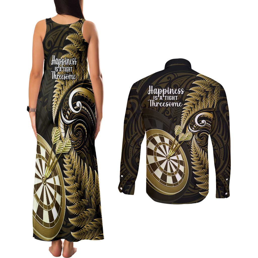 New Zealand Darts Couples Matching Tank Maxi Dress and Long Sleeve Button Shirts Happiness Is A Tight Threesome Maori Gold LT14 - Polynesian Pride