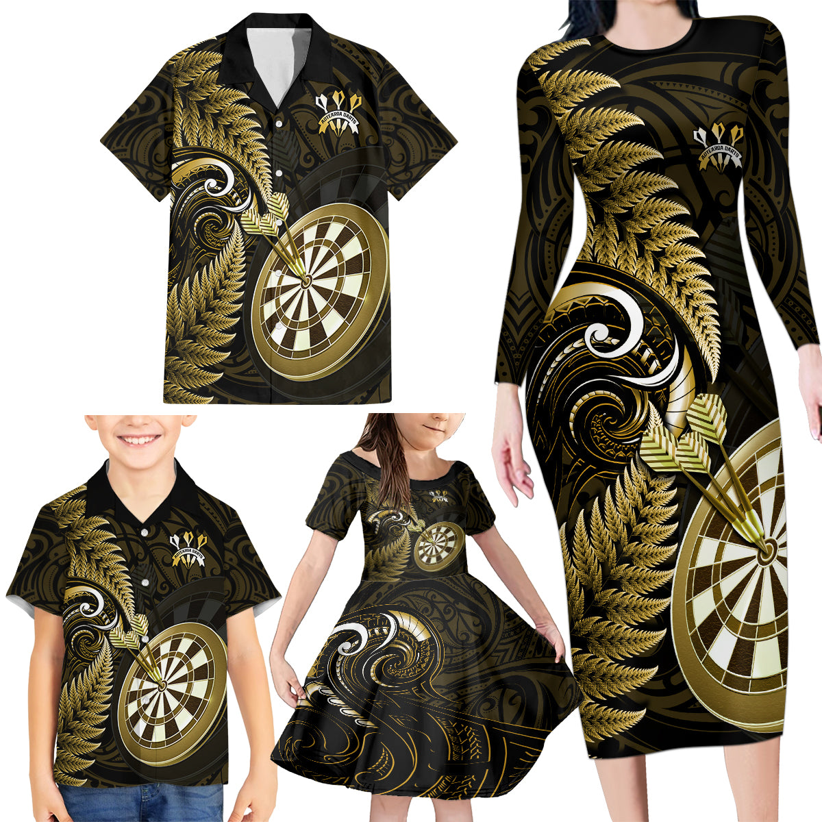 New Zealand Darts Family Matching Long Sleeve Bodycon Dress and Hawaiian Shirt Happiness Is A Tight Threesome Maori Gold LT14 - Polynesian Pride