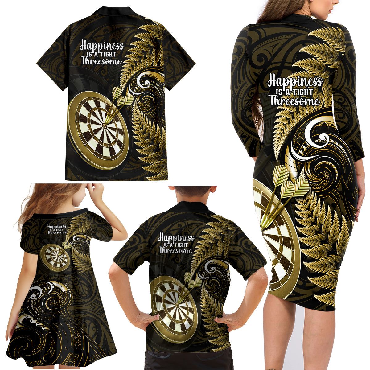New Zealand Darts Family Matching Long Sleeve Bodycon Dress and Hawaiian Shirt Happiness Is A Tight Threesome Maori Gold LT14 - Polynesian Pride