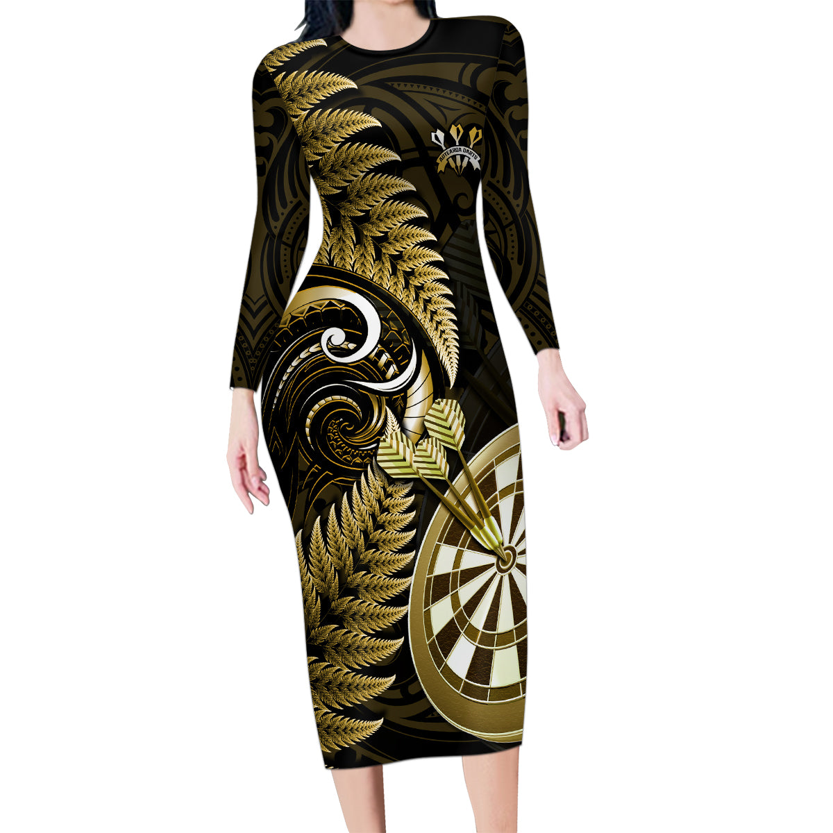 New Zealand Darts Family Matching Long Sleeve Bodycon Dress and Hawaiian Shirt Happiness Is A Tight Threesome Maori Gold LT14 Mom's Dress Gold - Polynesian Pride