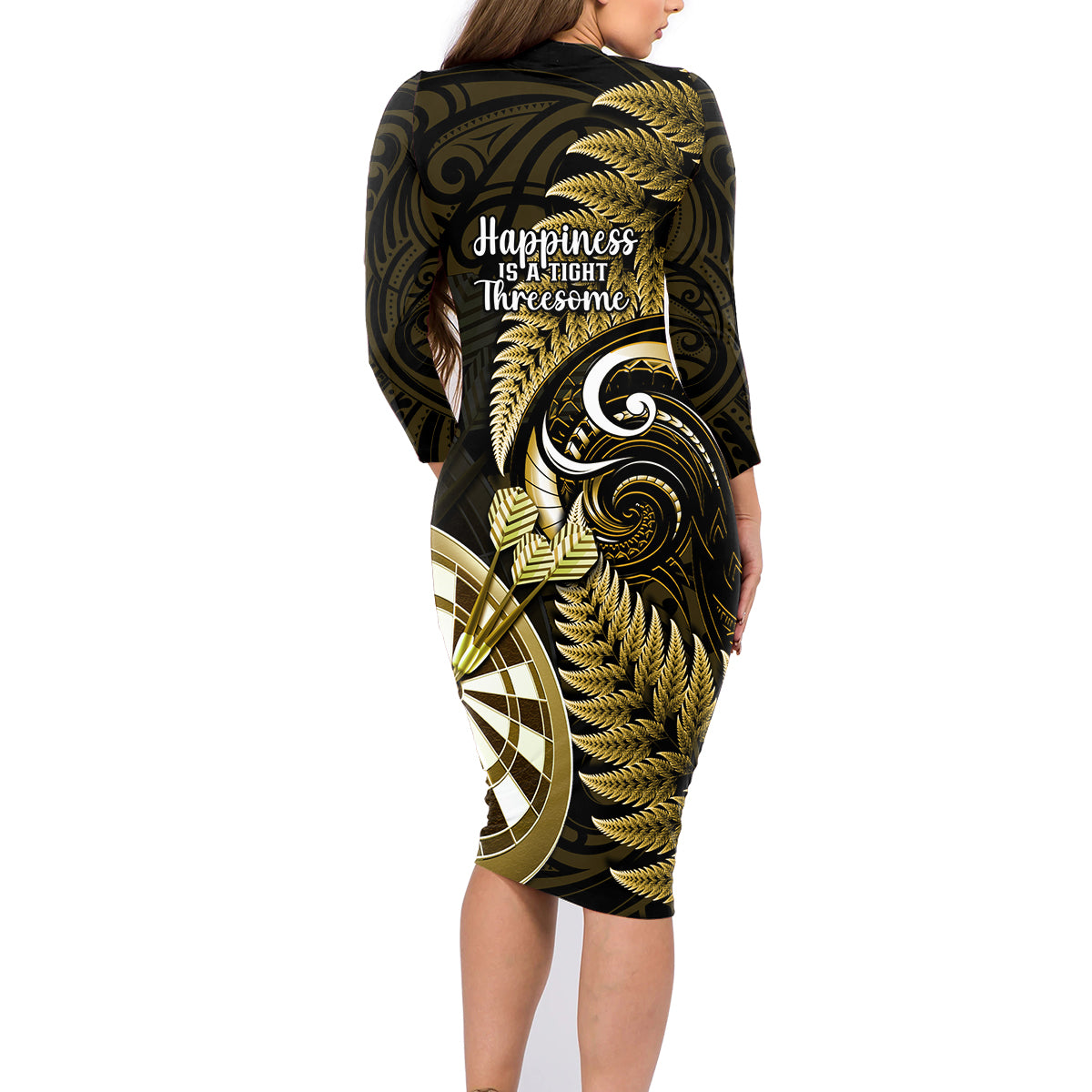 New Zealand Darts Family Matching Long Sleeve Bodycon Dress and Hawaiian Shirt Happiness Is A Tight Threesome Maori Gold LT14 - Polynesian Pride