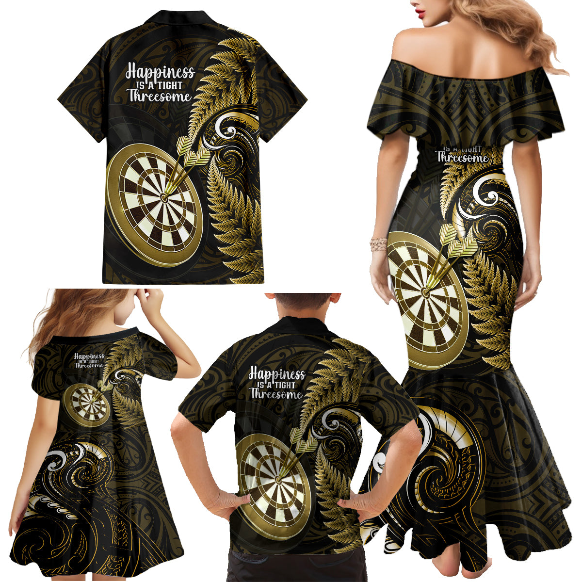 New Zealand Darts Family Matching Mermaid Dress and Hawaiian Shirt Happiness Is A Tight Threesome Maori Gold LT14 - Polynesian Pride