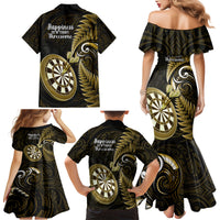 New Zealand Darts Family Matching Mermaid Dress and Hawaiian Shirt Happiness Is A Tight Threesome Maori Gold LT14 - Polynesian Pride