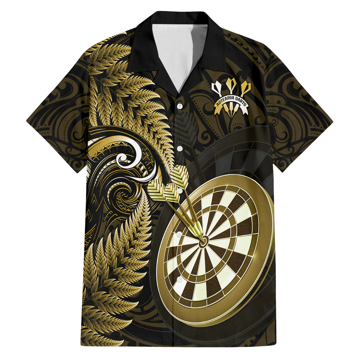 New Zealand Darts Family Matching Mermaid Dress and Hawaiian Shirt Happiness Is A Tight Threesome Maori Gold LT14 Dad's Shirt - Short Sleeve Gold - Polynesian Pride