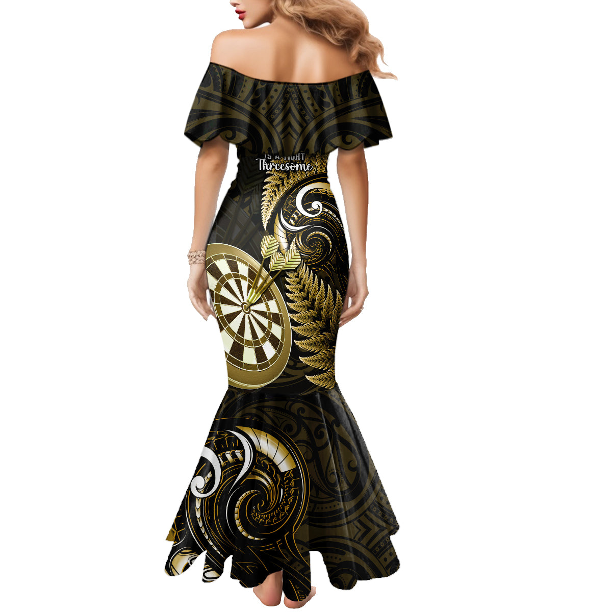 New Zealand Darts Family Matching Mermaid Dress and Hawaiian Shirt Happiness Is A Tight Threesome Maori Gold LT14 - Polynesian Pride