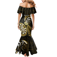 New Zealand Darts Family Matching Mermaid Dress and Hawaiian Shirt Happiness Is A Tight Threesome Maori Gold LT14 - Polynesian Pride