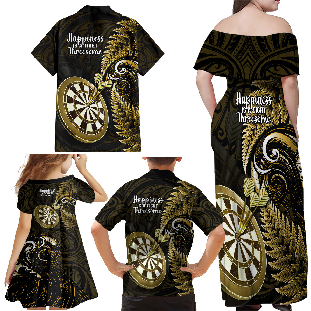 New Zealand Darts Family Matching Off Shoulder Long Sleeve Dress and Hawaiian Shirt Happiness Is A Tight Threesome Maori Gold LT14 - Polynesian Pride