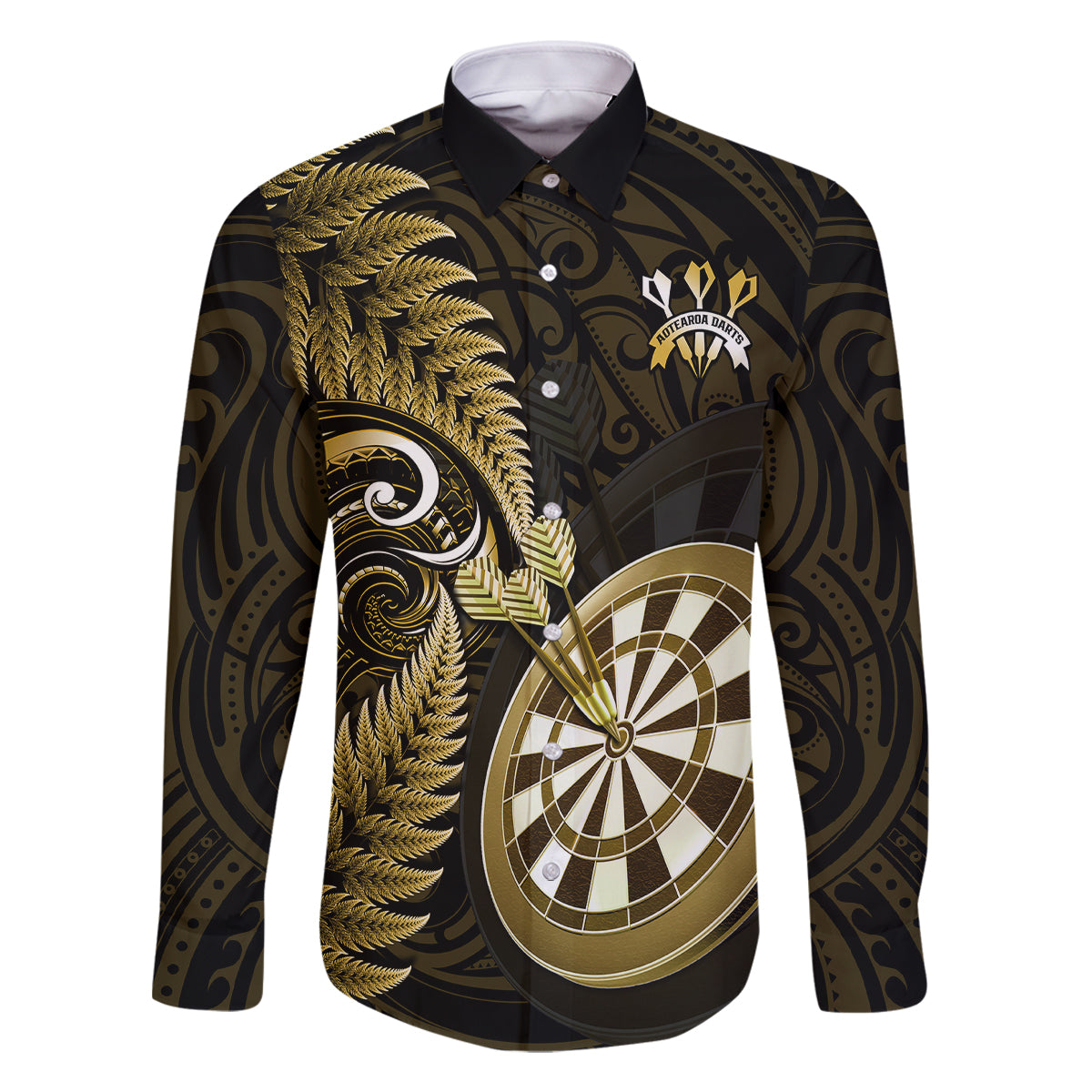 New Zealand Darts Family Matching Off Shoulder Long Sleeve Dress and Hawaiian Shirt Happiness Is A Tight Threesome Maori Gold LT14 Dad's Shirt - Long Sleeve Gold - Polynesian Pride