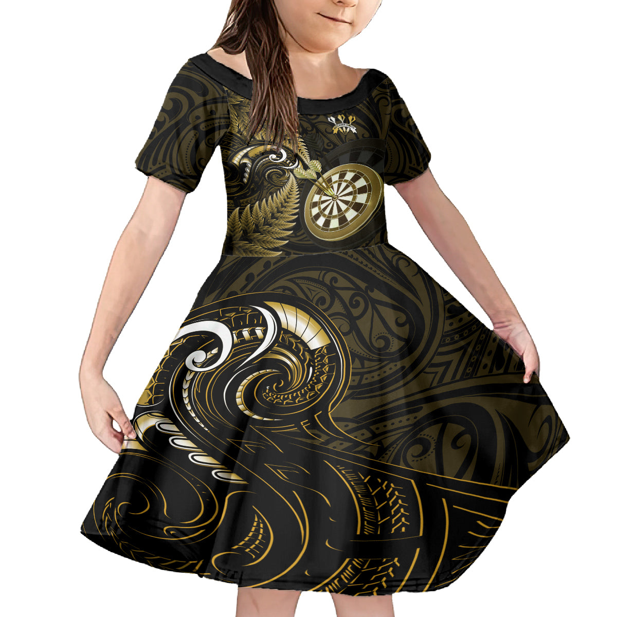 New Zealand Darts Family Matching Off Shoulder Maxi Dress and Hawaiian Shirt Happiness Is A Tight Threesome Maori Gold LT14 Daughter's Dress Gold - Polynesian Pride
