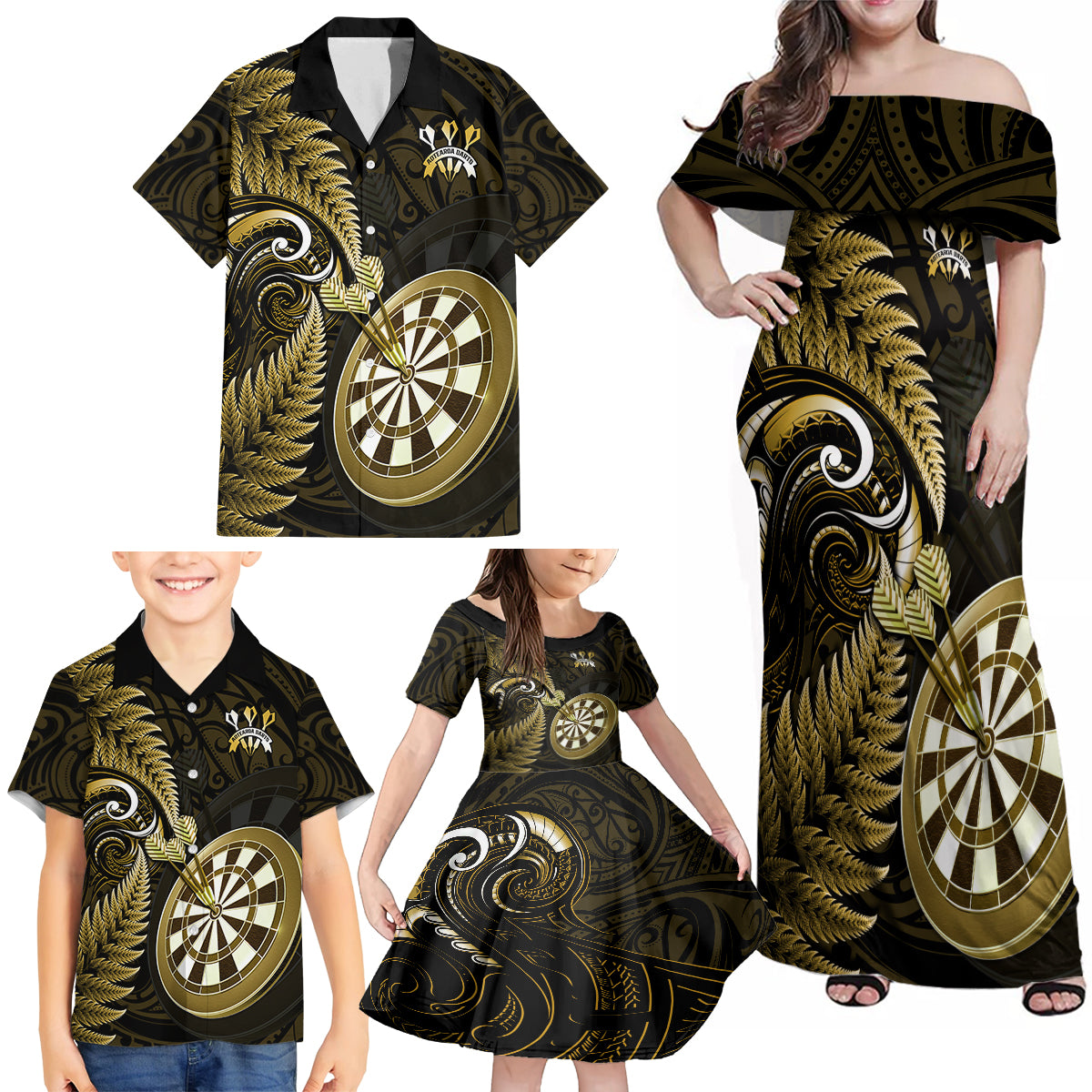 New Zealand Darts Family Matching Off Shoulder Maxi Dress and Hawaiian Shirt Happiness Is A Tight Threesome Maori Gold LT14 - Polynesian Pride
