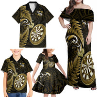 New Zealand Darts Family Matching Off Shoulder Maxi Dress and Hawaiian Shirt Happiness Is A Tight Threesome Maori Gold LT14 - Polynesian Pride