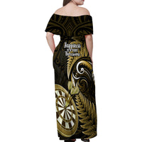 New Zealand Darts Family Matching Off Shoulder Maxi Dress and Hawaiian Shirt Happiness Is A Tight Threesome Maori Gold LT14 - Polynesian Pride