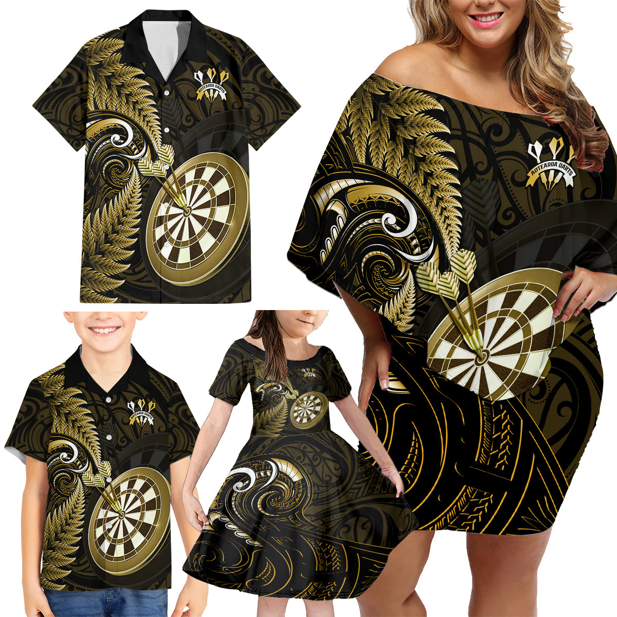 New Zealand Darts Family Matching Off Shoulder Short Dress and Hawaiian Shirt Happiness Is A Tight Threesome Maori Gold LT14 - Polynesian Pride