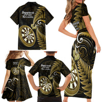 New Zealand Darts Family Matching Short Sleeve Bodycon Dress and Hawaiian Shirt Happiness Is A Tight Threesome Maori Gold LT14 - Polynesian Pride