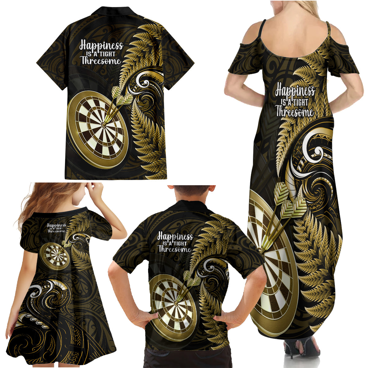 New Zealand Darts Family Matching Summer Maxi Dress and Hawaiian Shirt Happiness Is A Tight Threesome Maori Gold LT14 - Polynesian Pride