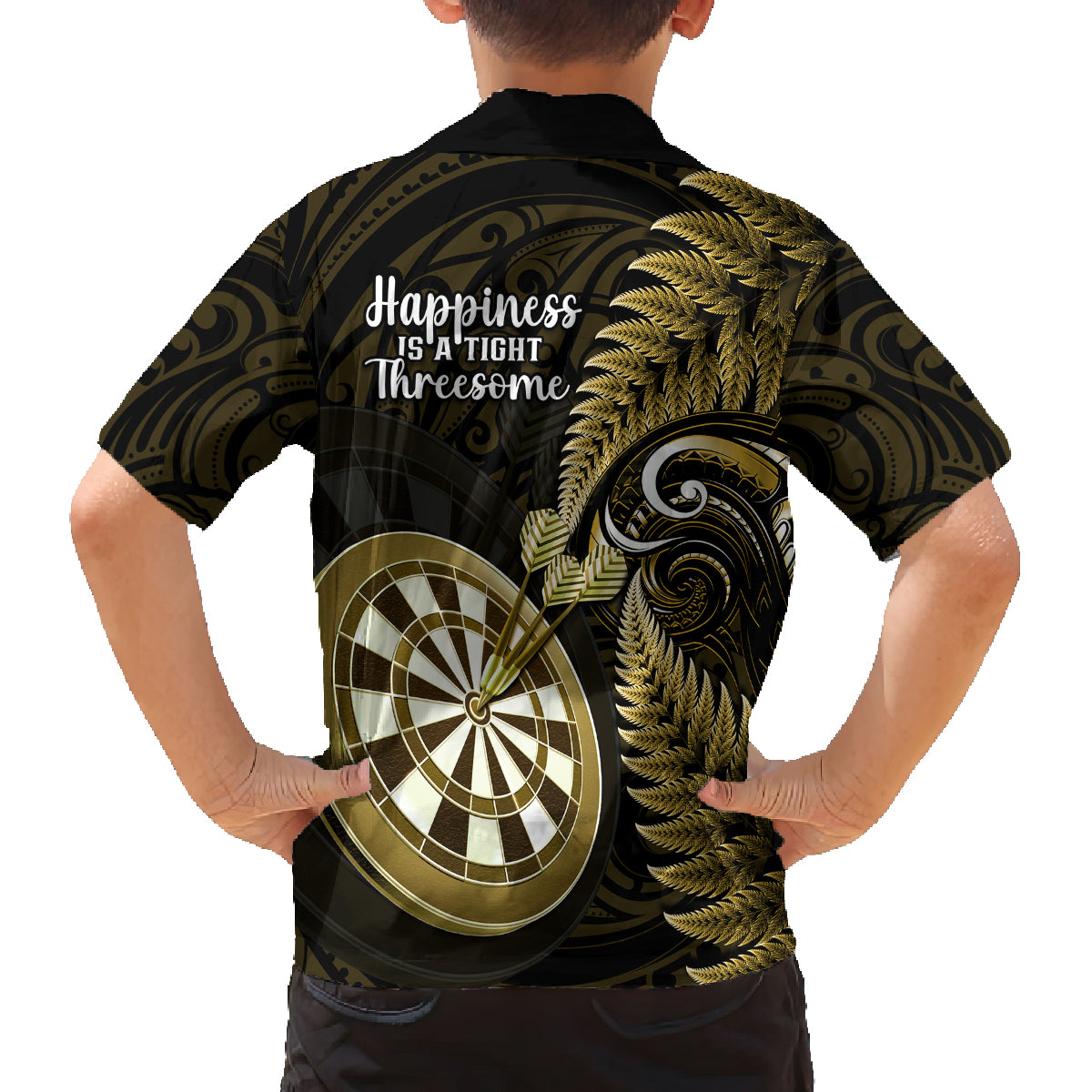 New Zealand Darts Family Matching Tank Maxi Dress and Hawaiian Shirt Happiness Is A Tight Threesome Maori Gold LT14 - Polynesian Pride