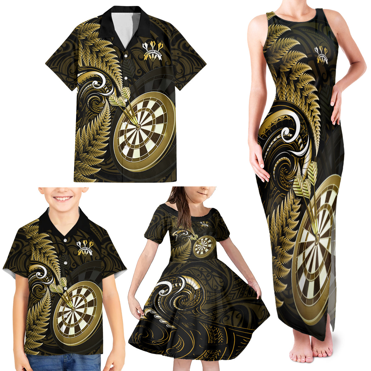 New Zealand Darts Family Matching Tank Maxi Dress and Hawaiian Shirt Happiness Is A Tight Threesome Maori Gold LT14 - Polynesian Pride
