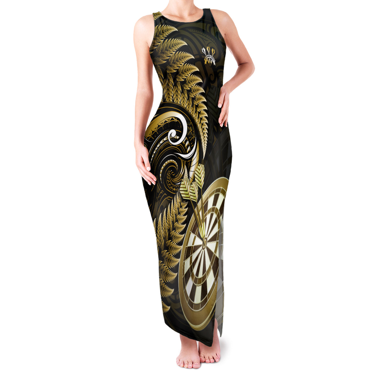 New Zealand Darts Family Matching Tank Maxi Dress and Hawaiian Shirt Happiness Is A Tight Threesome Maori Gold LT14 Mom's Dress Gold - Polynesian Pride