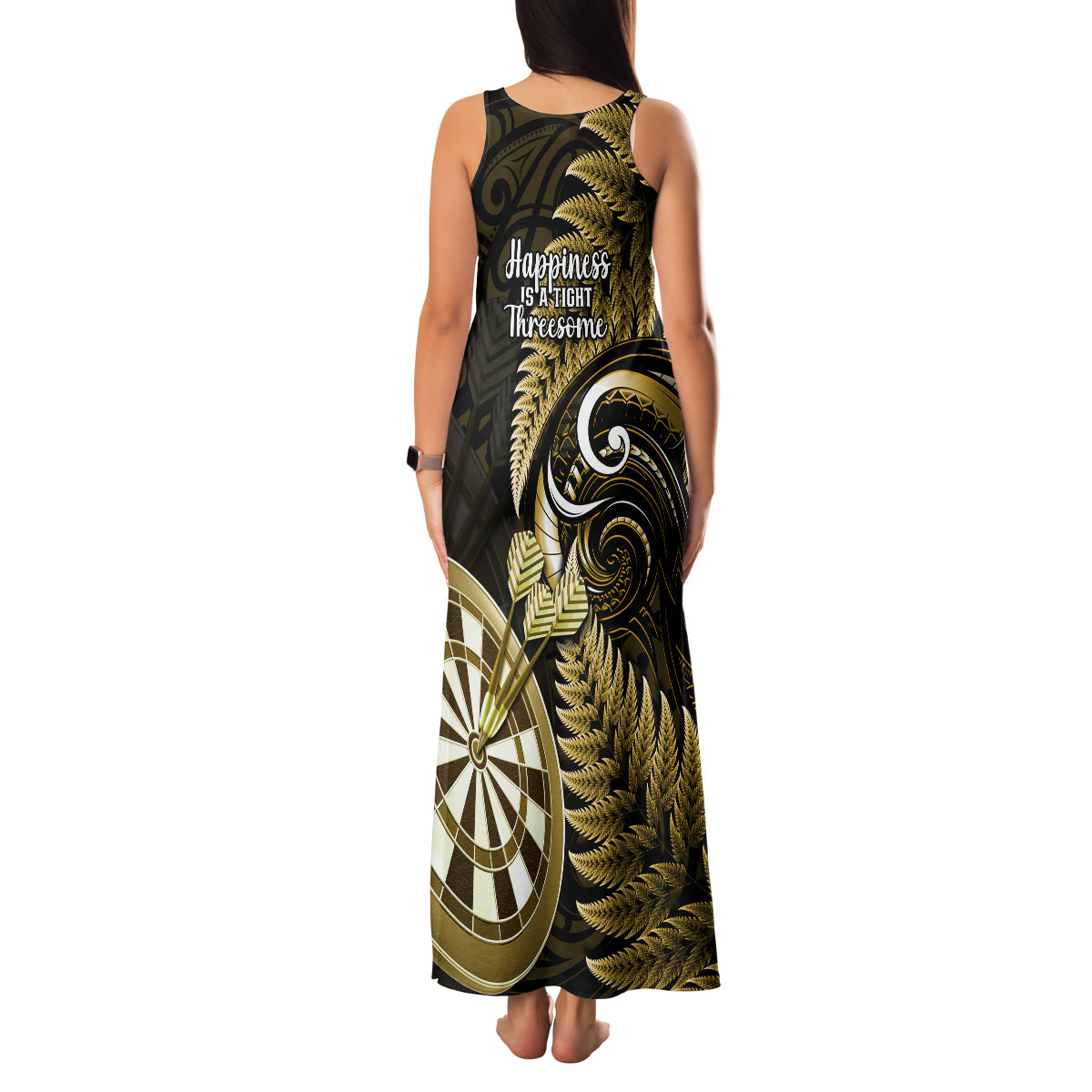New Zealand Darts Family Matching Tank Maxi Dress and Hawaiian Shirt Happiness Is A Tight Threesome Maori Gold LT14 - Polynesian Pride