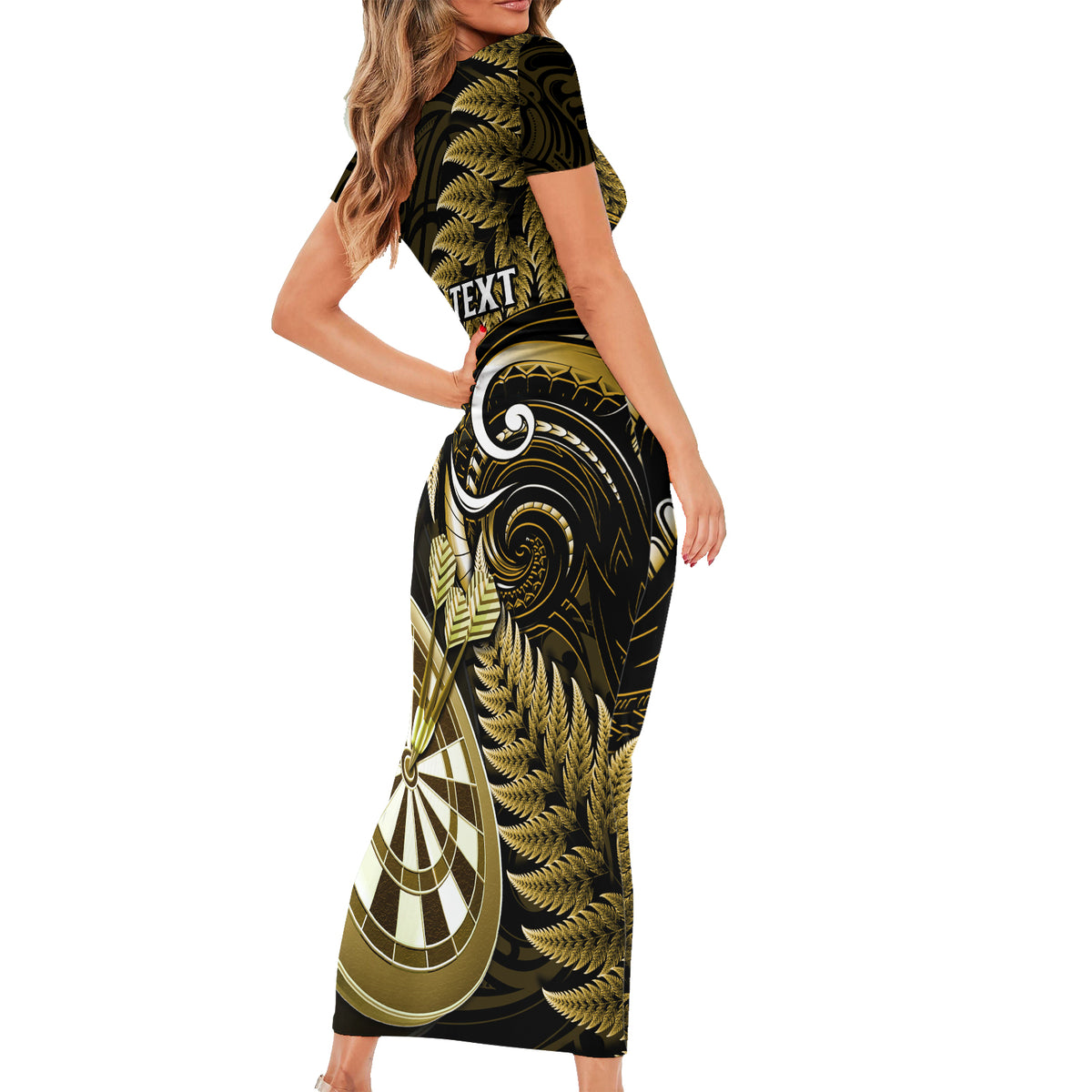 Personalised New Zealand Darts Short Sleeve Bodycon Dress Happiness Is A Tight Threesome Maori Gold LT14 - Polynesian Pride