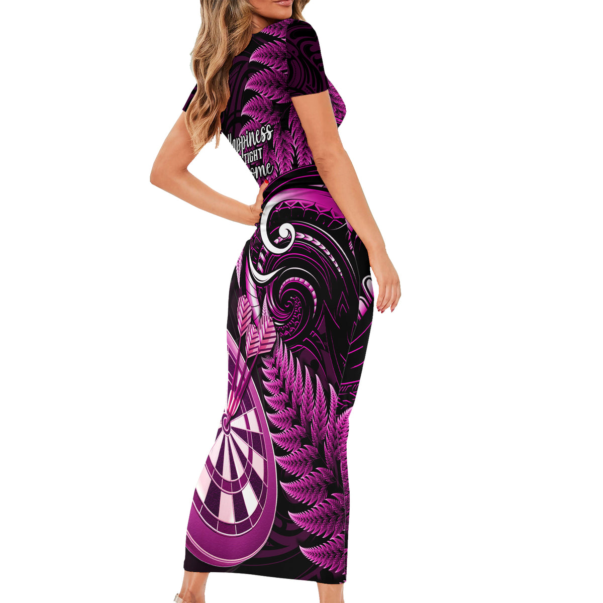 New Zealand Darts Family Matching Short Sleeve Bodycon Dress and Hawaiian Shirt Happiness Is A Tight Threesome Maori Pink LT14 - Polynesian Pride