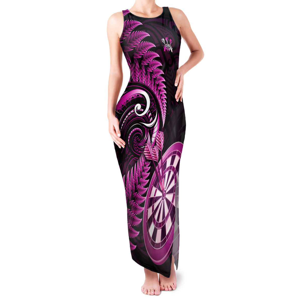 New Zealand Darts Family Matching Tank Maxi Dress and Hawaiian Shirt Happiness Is A Tight Threesome Maori Pink LT14 Mom's Dress Pink - Polynesian Pride