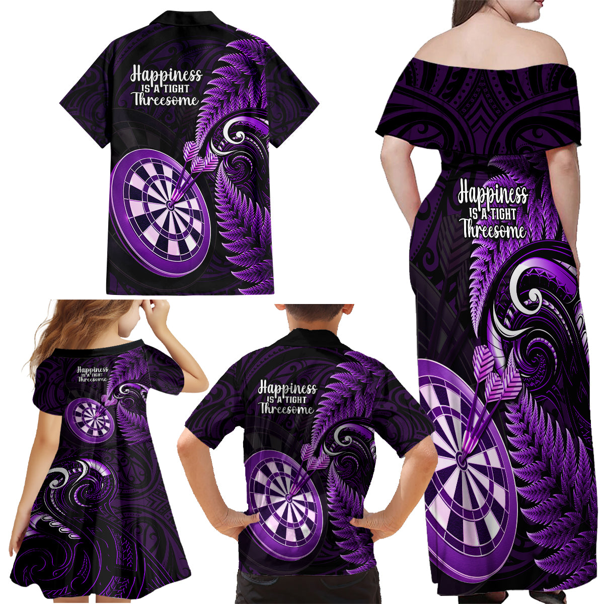 New Zealand Darts Family Matching Off Shoulder Maxi Dress and Hawaiian Shirt Happiness Is A Tight Threesome Maori Purple LT14 - Polynesian Pride