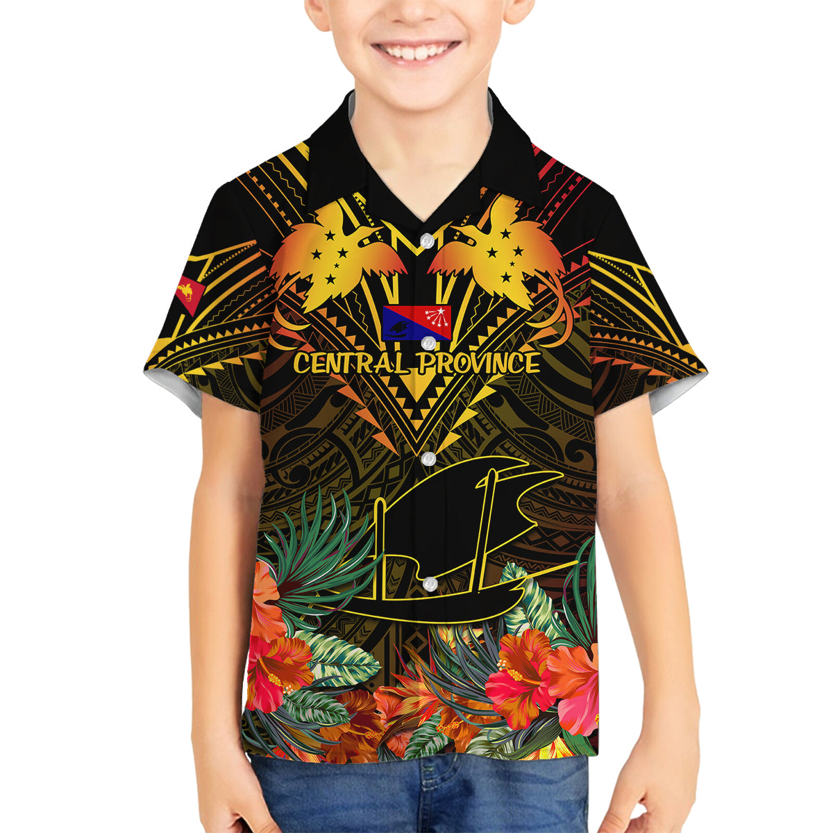 Papua New Guinea Central Province Kid Hawaiian Shirt Papua Niugini Coat Of Arms With Flag Style LT14 - Polynesian Pride
