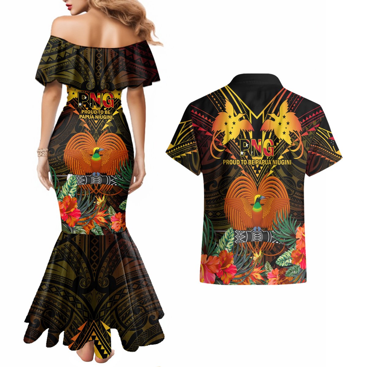 Papua New Guinea Chimbu Province Couples Matching Mermaid Dress and Hawaiian Shirt Papua Niugini Coat Of Arms With Flag Style LT14 - Polynesian Pride