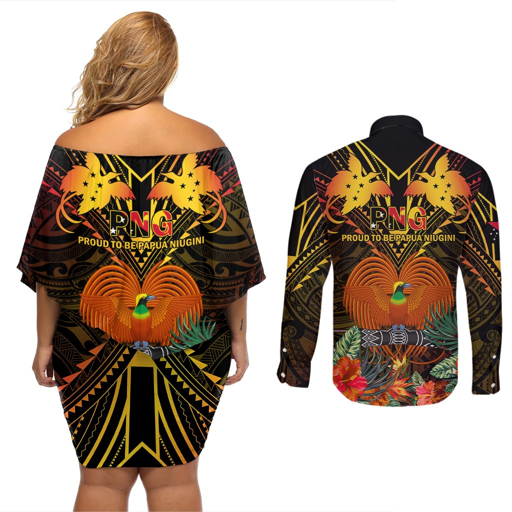 Papua New Guinea Chimbu Province Couples Matching Off Shoulder Short Dress and Long Sleeve Button Shirts Papua Niugini Coat Of Arms With Flag Style LT14 - Polynesian Pride