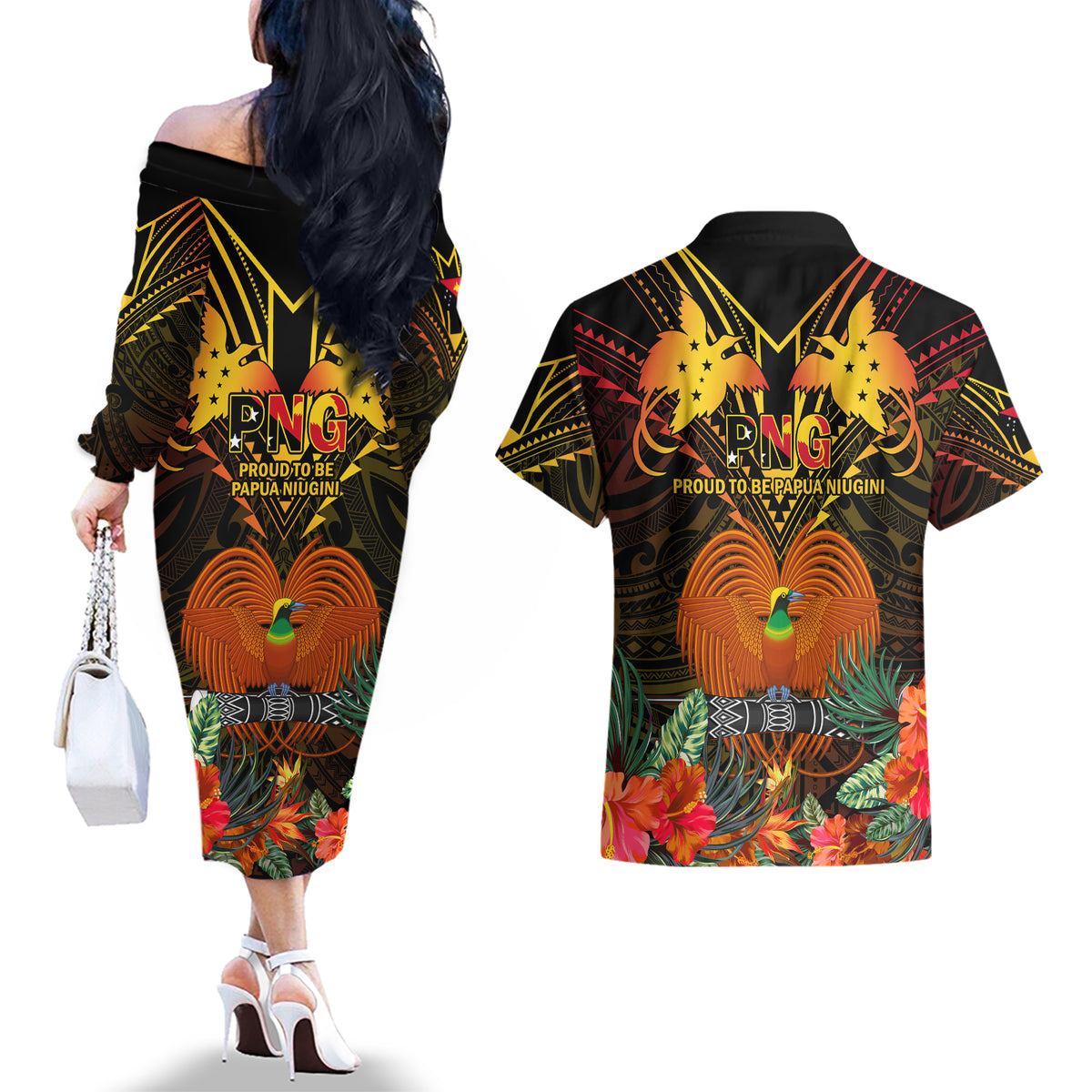 Papua New Guinea Chimbu Province Couples Matching Off The Shoulder Long Sleeve Dress and Hawaiian Shirt Papua Niugini Coat Of Arms With Flag Style LT14 - Polynesian Pride