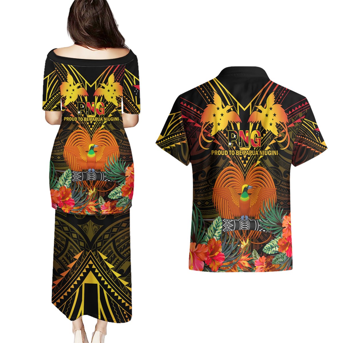 Papua New Guinea Chimbu Province Couples Matching Puletasi Dress and Hawaiian Shirt Papua Niugini Coat Of Arms With Flag Style LT14 - Polynesian Pride